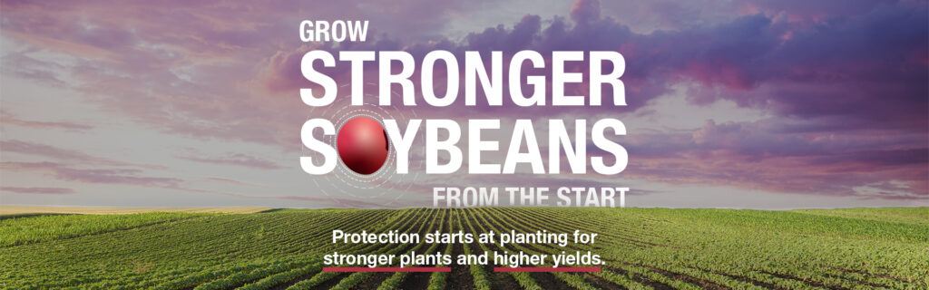 A soybean field and a treated seed with text that says 